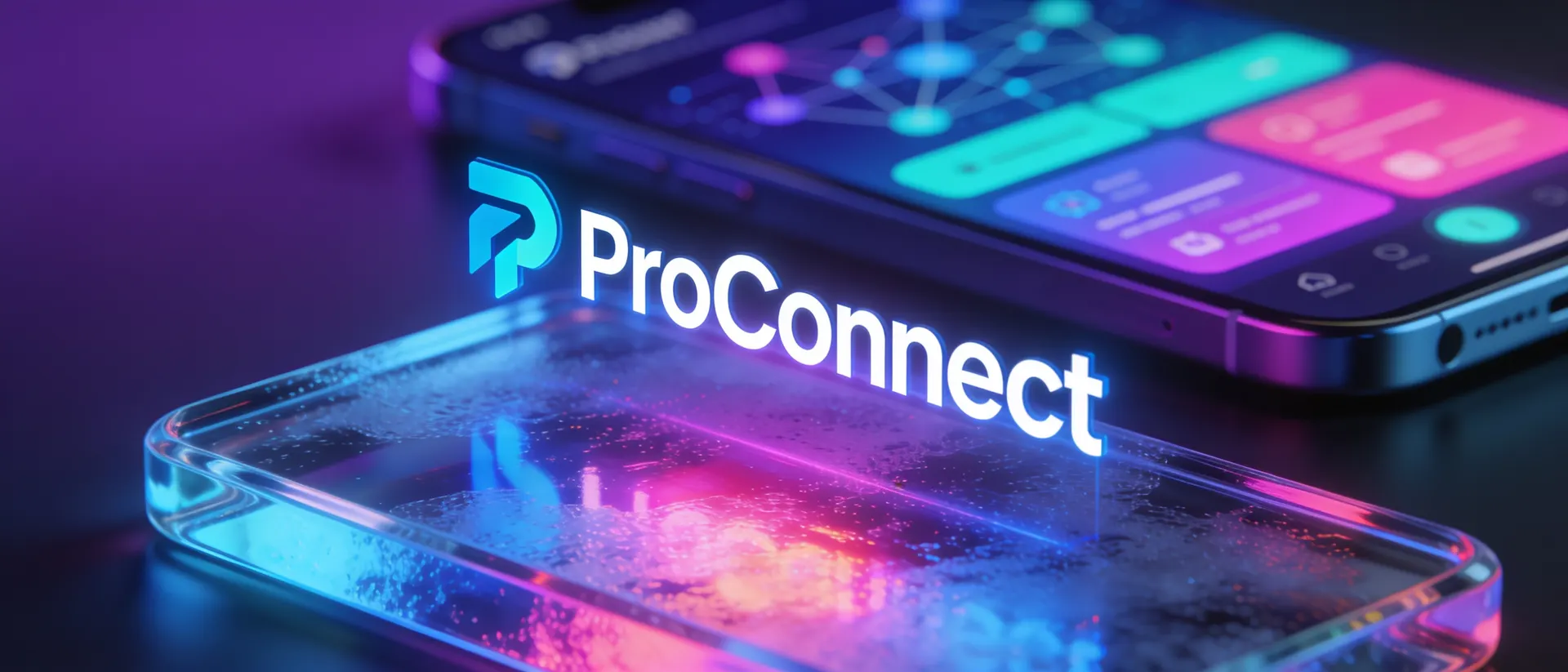 3D-логотип ProConnectSocial и смартфон с неоновым интерфейсом приложения
